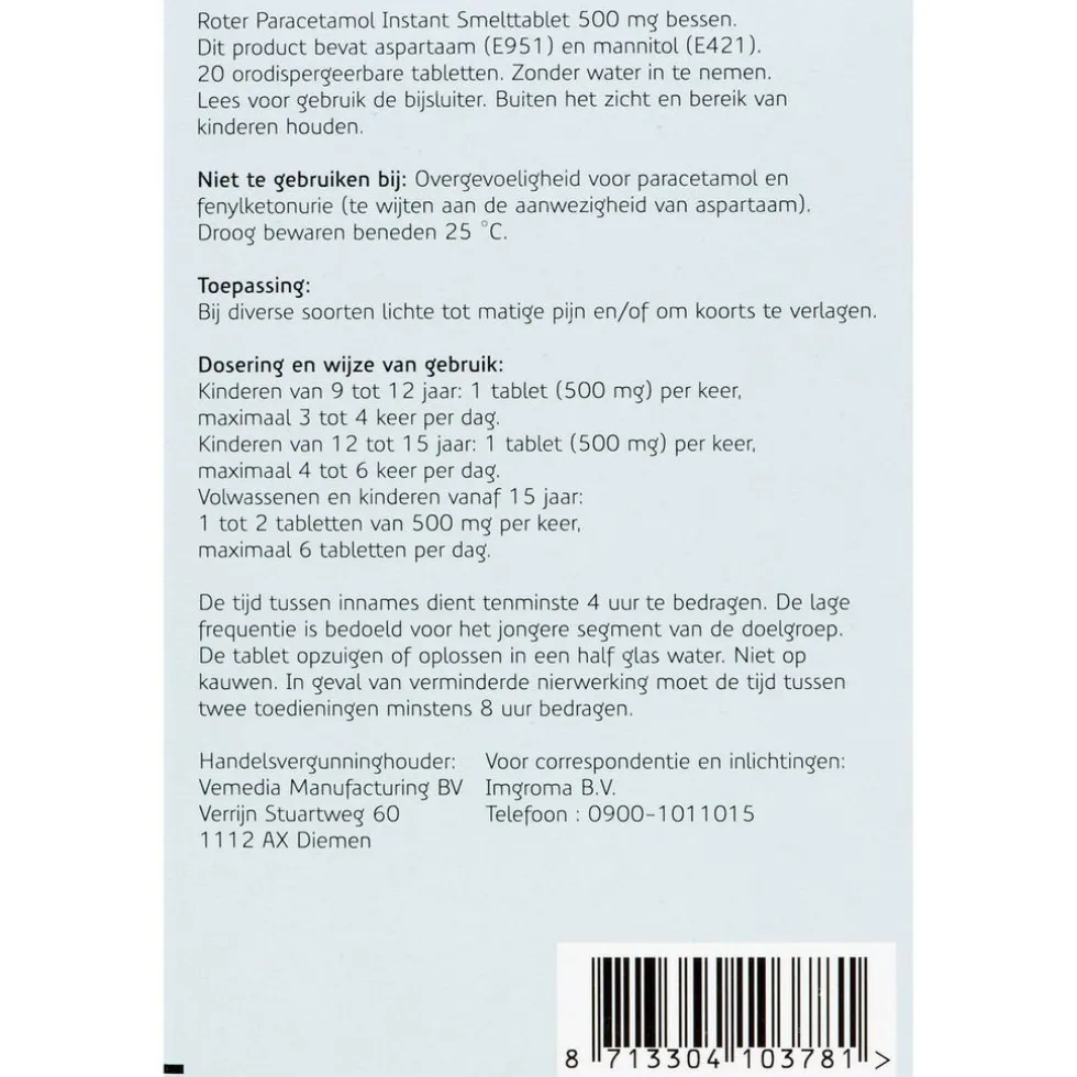 Roter Paracetamol 500mg Smelttabletten